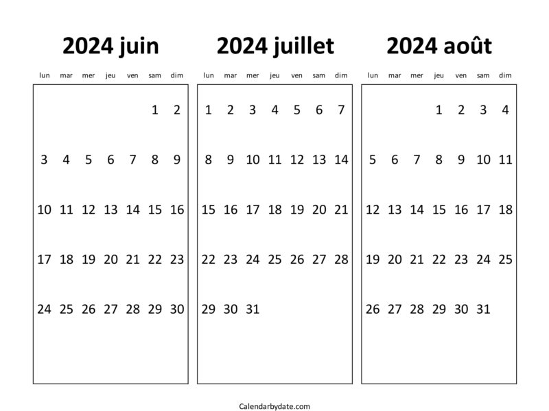 Calendrier gratuit juin juillet août 2024