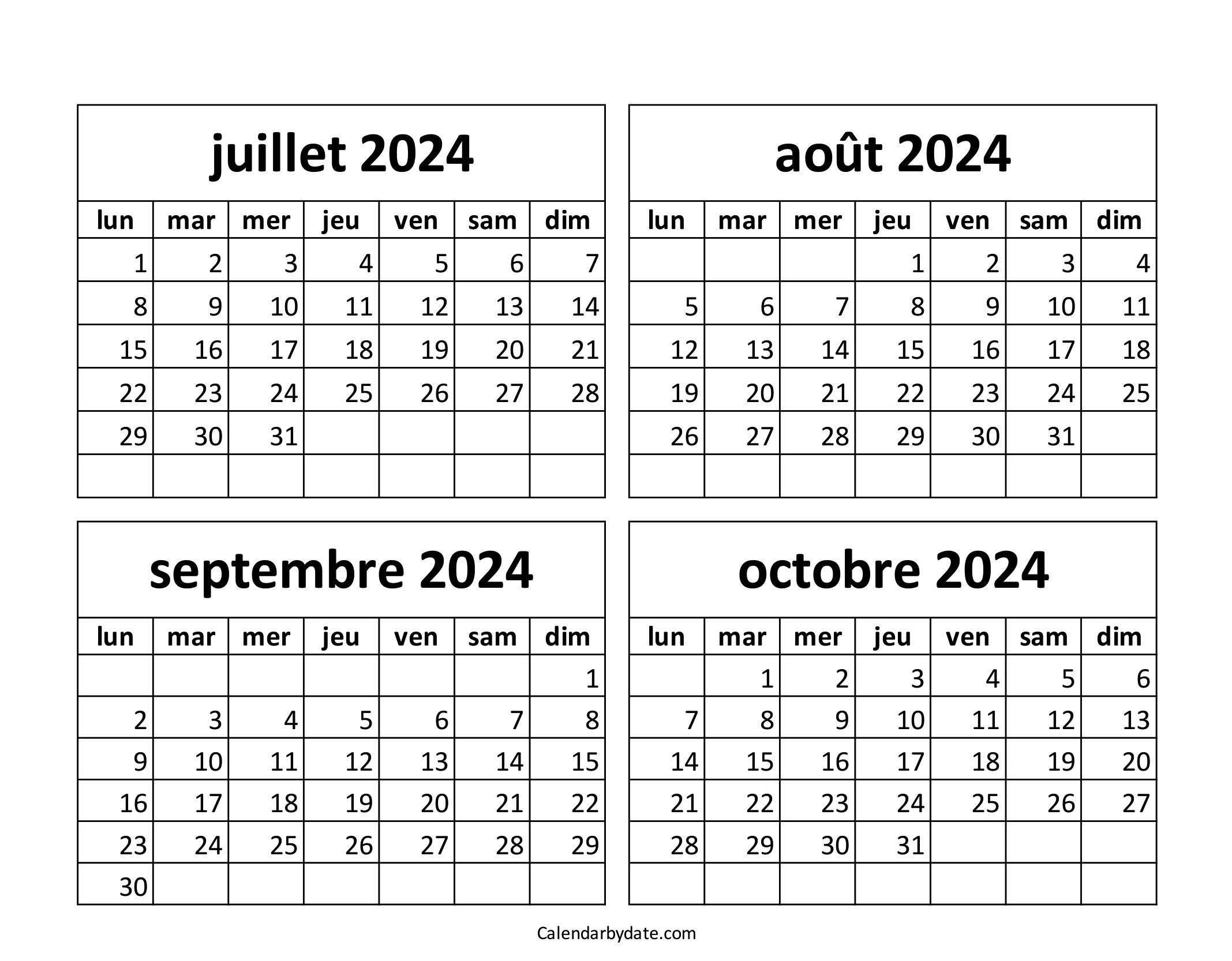 Calendrier juillet août septembre octobre 2024 à imprimer par mois