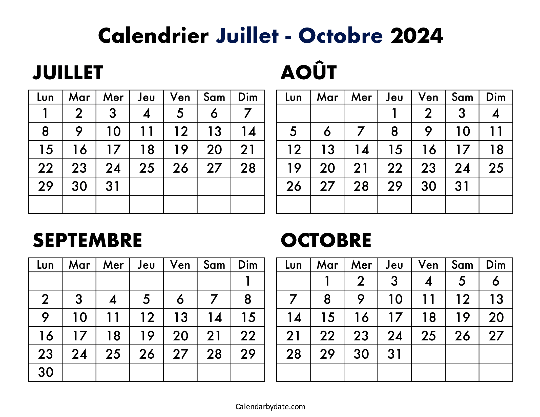 Calendrier juillet août septembre octobre 2024 imprimer