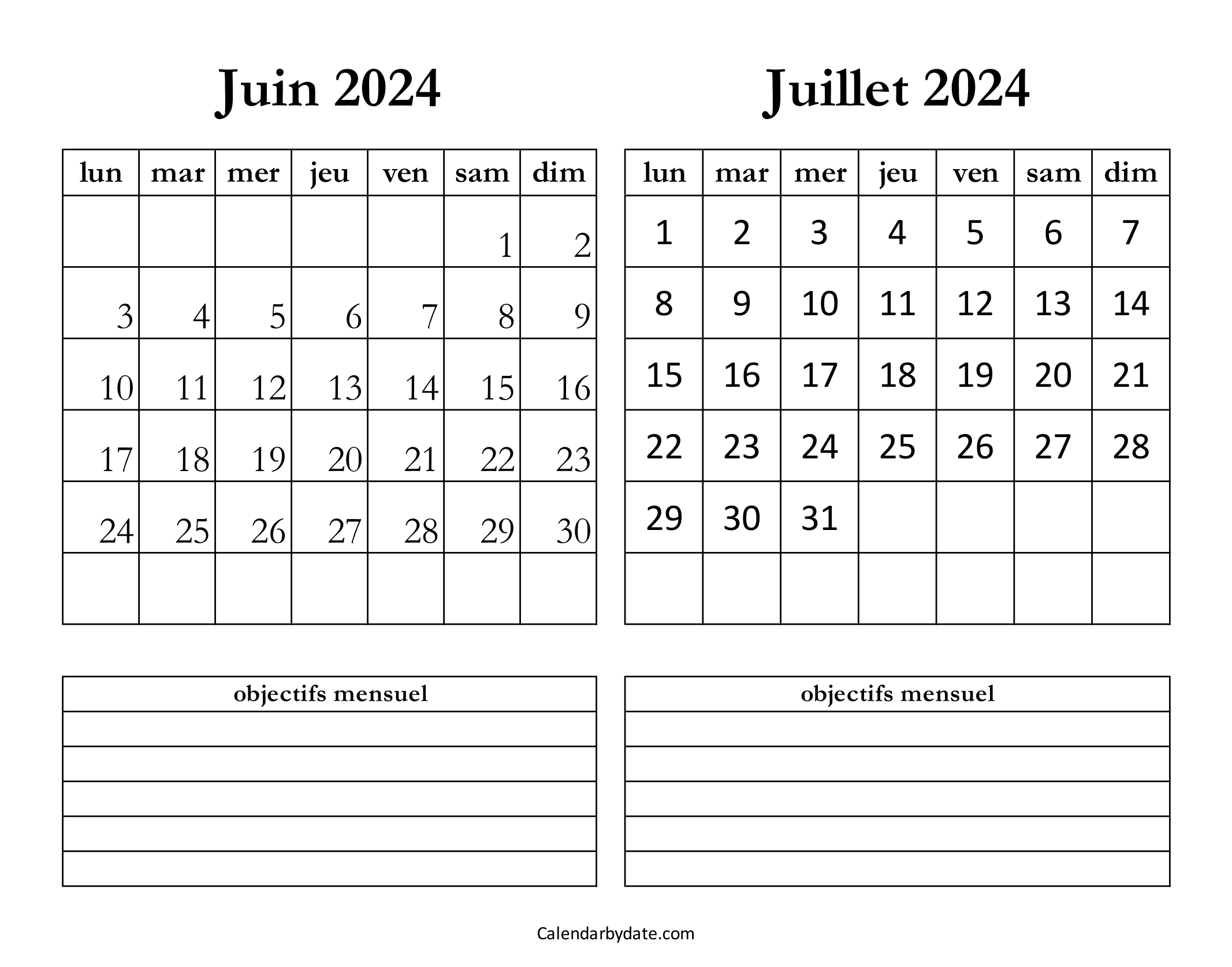 Calendrier juin juillet 2024 en orientation paysage