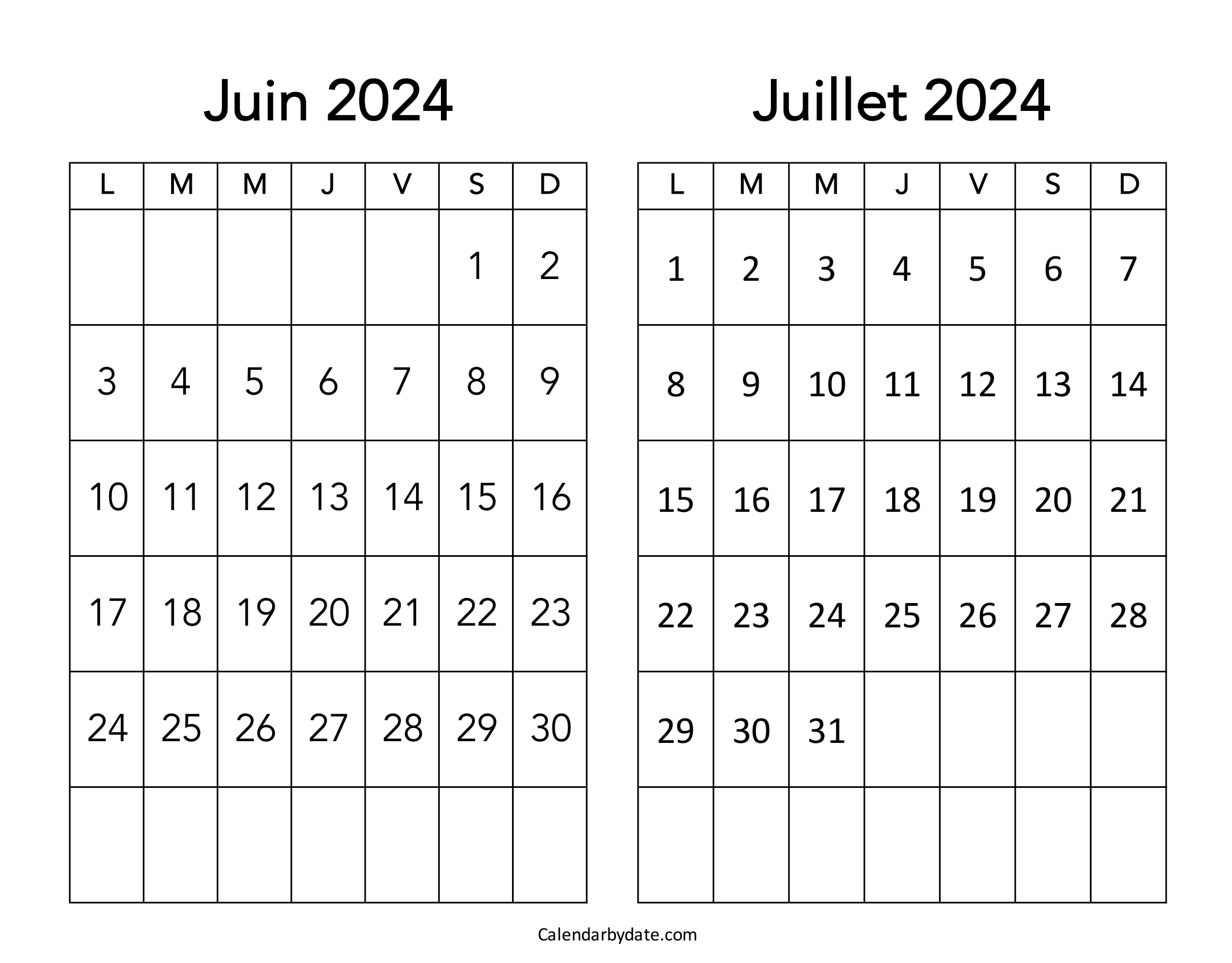 Calendrier juin juillet 2024