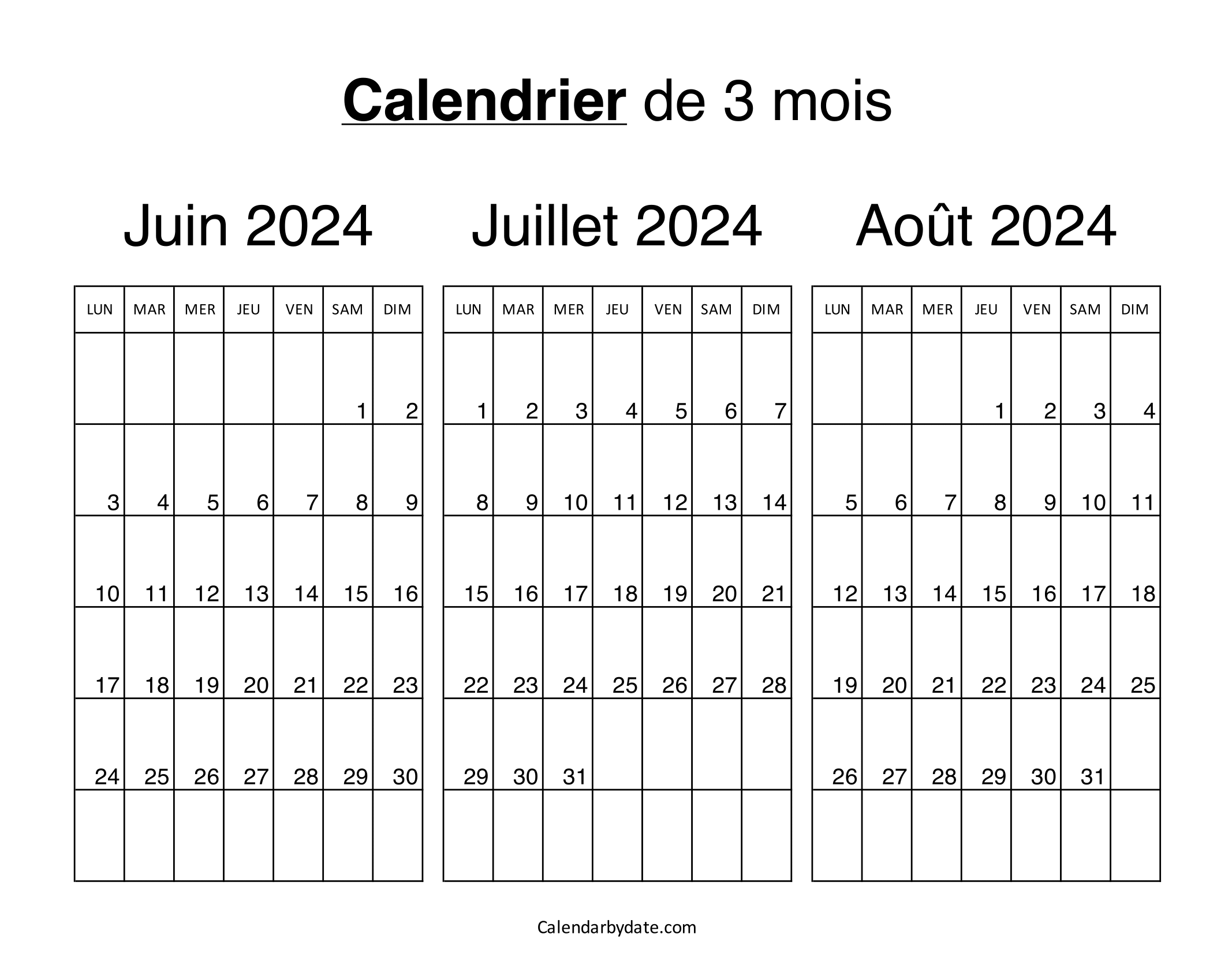 Calendrier juin juillet août 2024 à imprimer