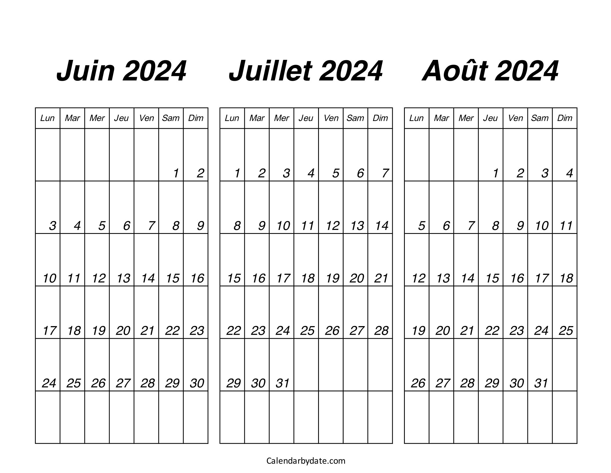 Calendrier juin juillet août 2024