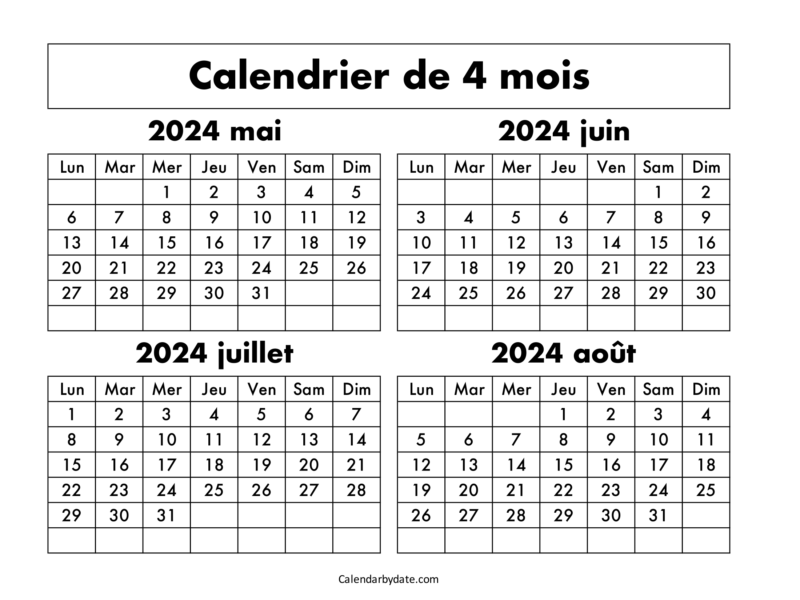 Calendrier mai juin juillet août 2024 mensuel
