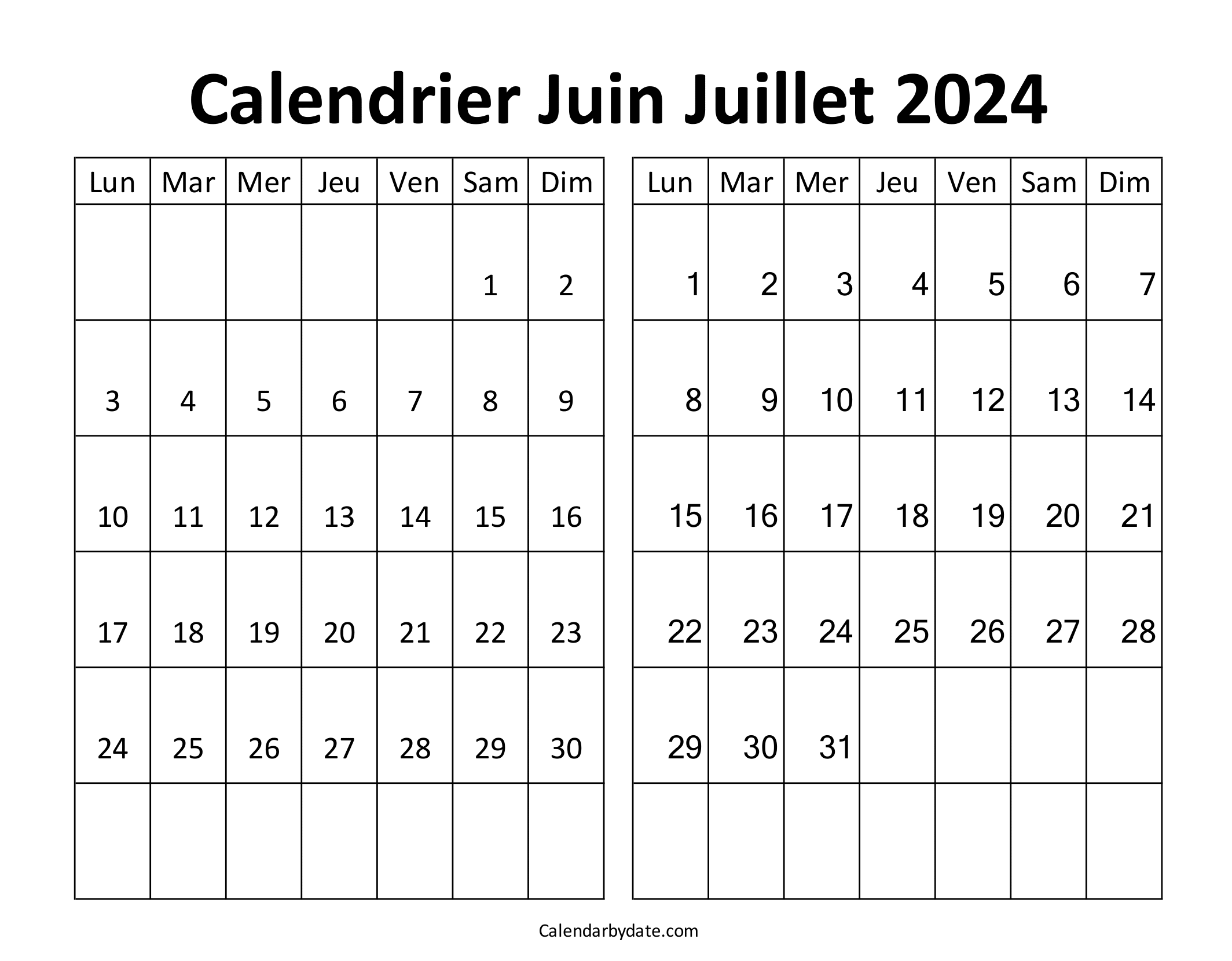 Calendrier mensuel juin juillet 2024