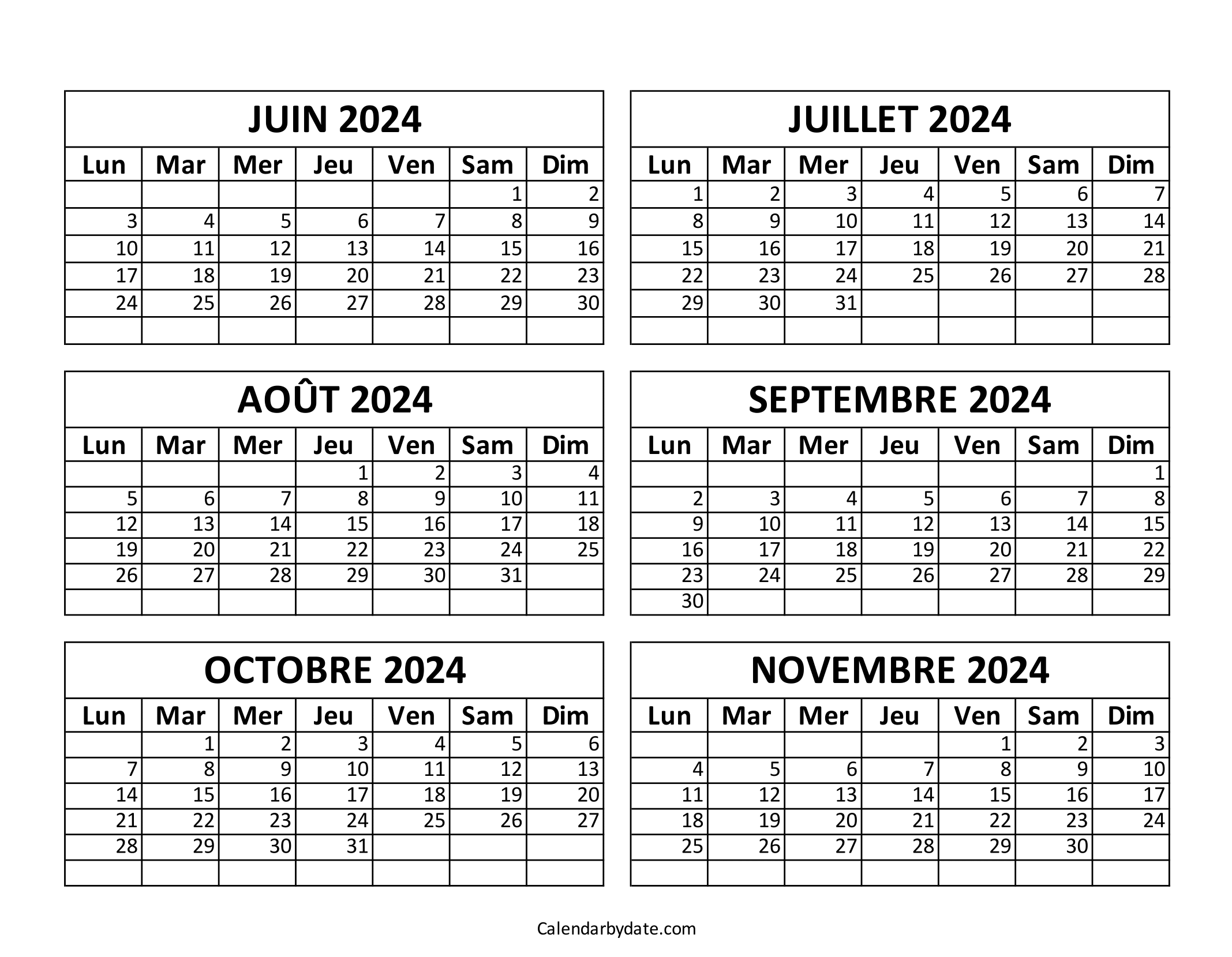 Modèle de calendrier de juin à novembre 2024