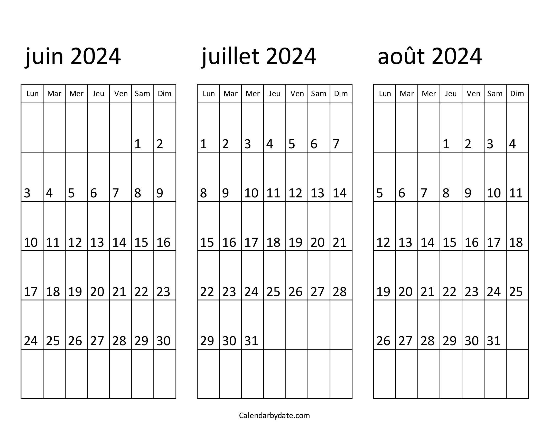 Mois civil juin juillet août 2024